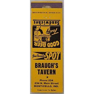 Vintage Matchbook Cover Braugh’s Tavern Monticello IN Indiana Gold Yellow